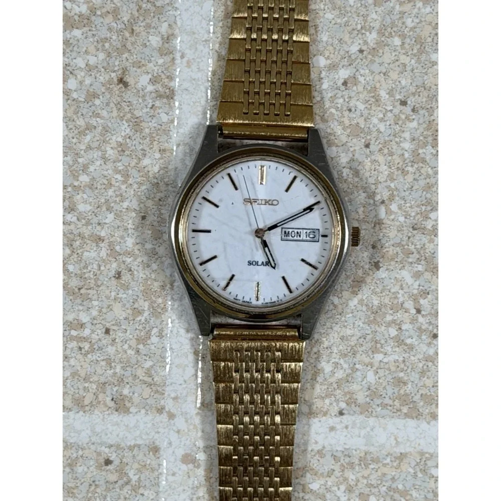 Seiko Solar Quartz SNE032 Two Tone Stainless Steel Gold White Dial